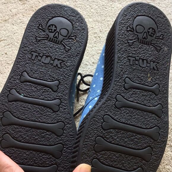 T.U.K Unisex Blue and White Denim Polka Dot Viva Mondo Creeper Platforms - Picture 8 of 9